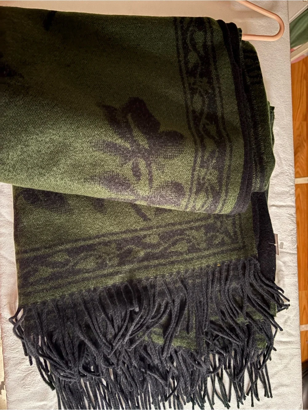 Cashmere Feel Black & Dark Green Plaid Scarf/ Shawl with fringe edge